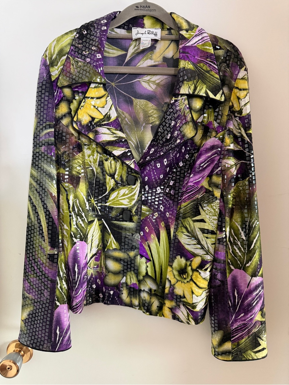 Joseph Ribkoff Floral Mosaic Jacket Purple Green Statement Blazer Size 14
